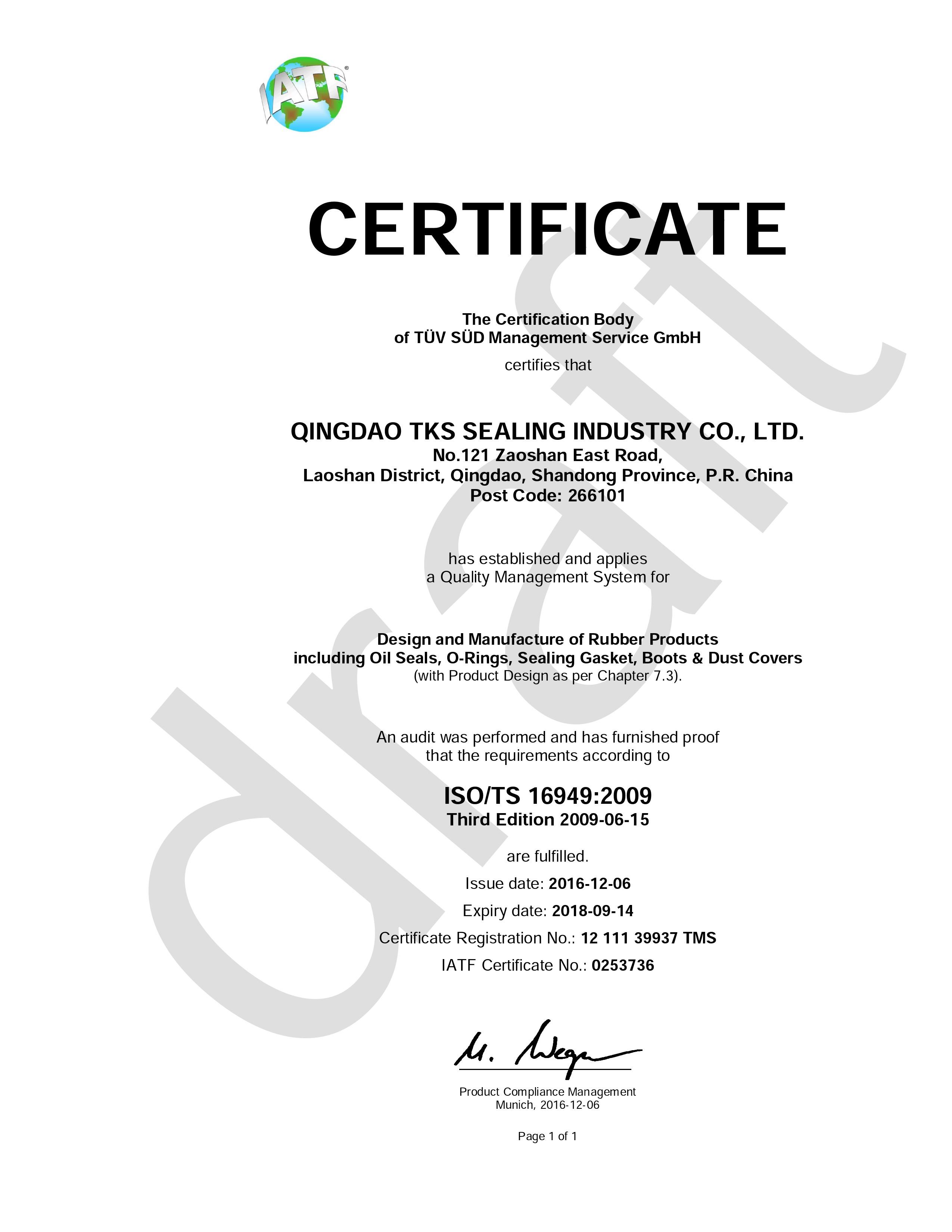 China Qingdao Global Sealing-tec co., Ltd Certificações
